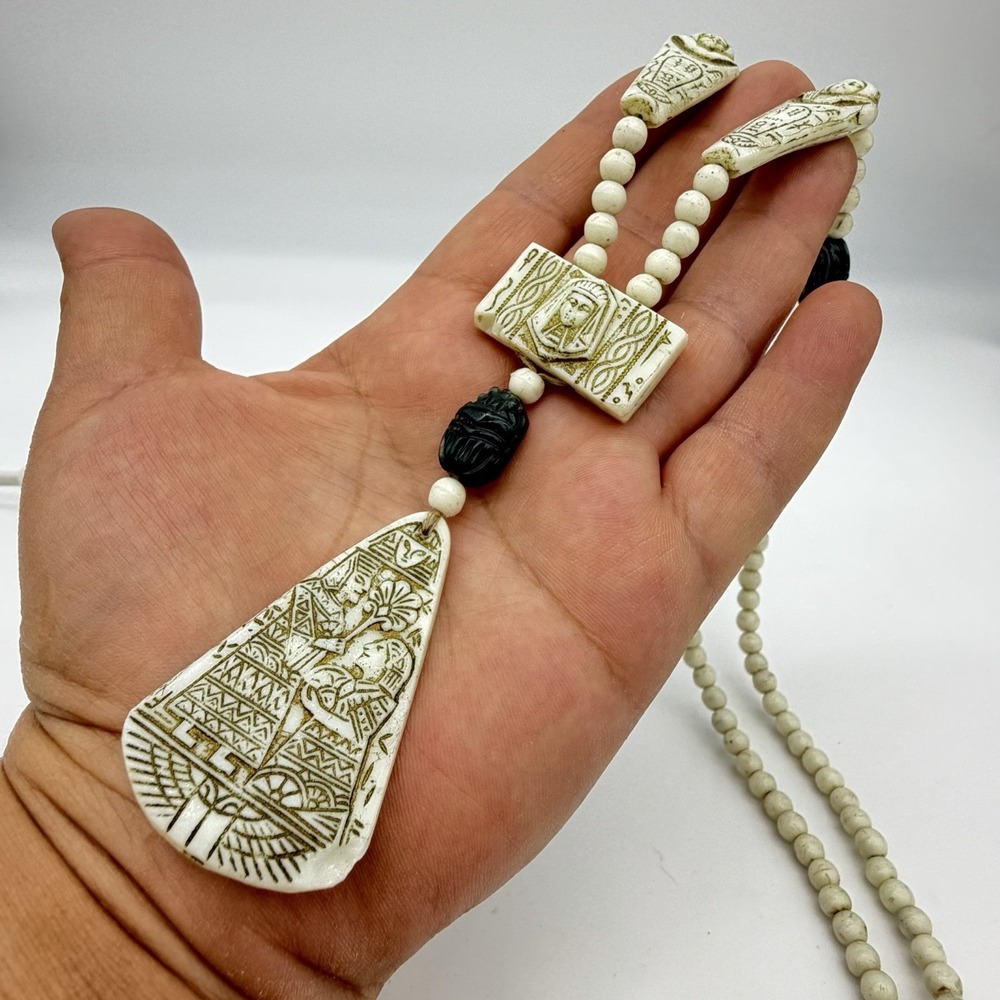 Neiger Brothers Egyptian Revival Necklace Uranium Glass Celadon Scarab Read